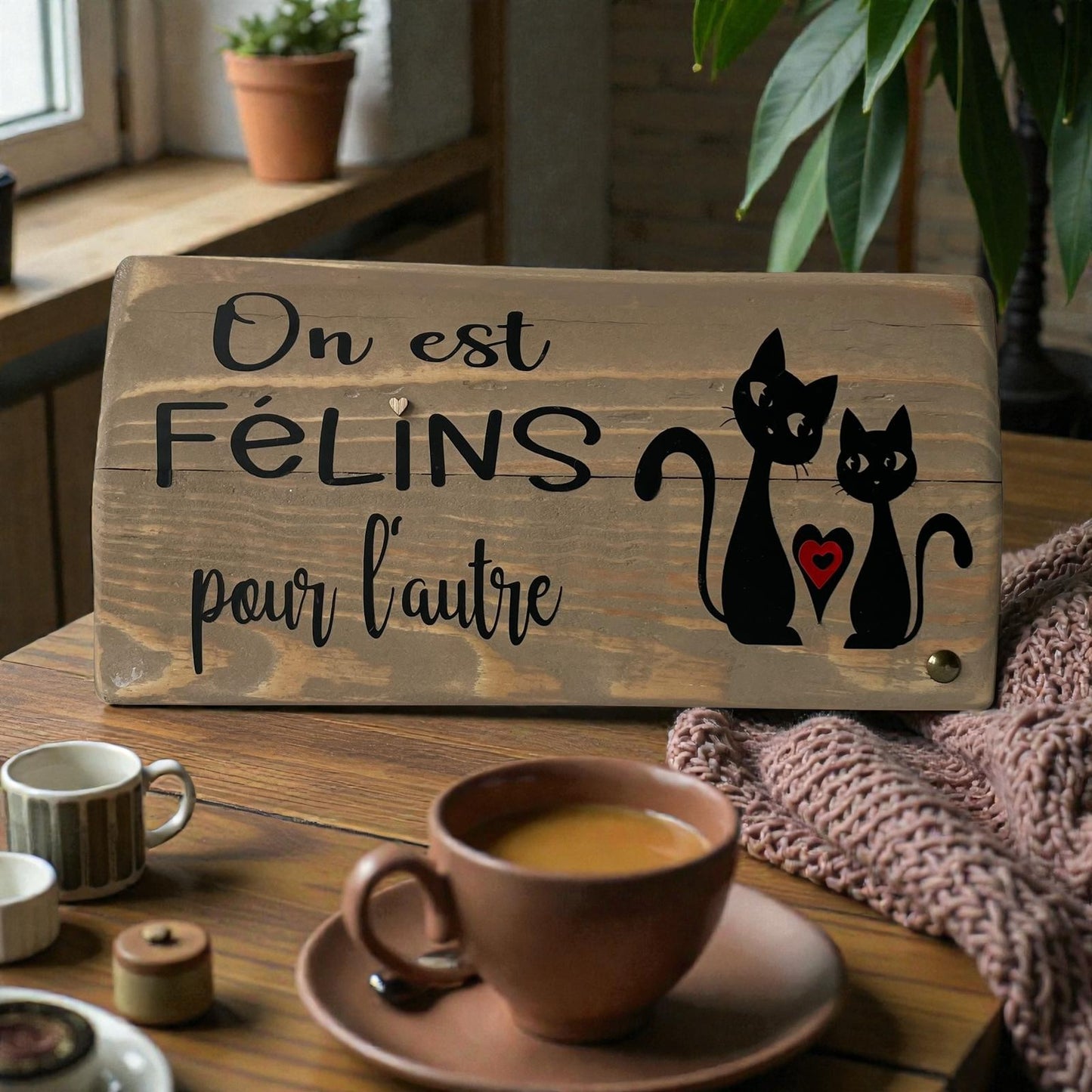 Pancarte en bois – ON EST FÉLINS POUR L’AUTRE