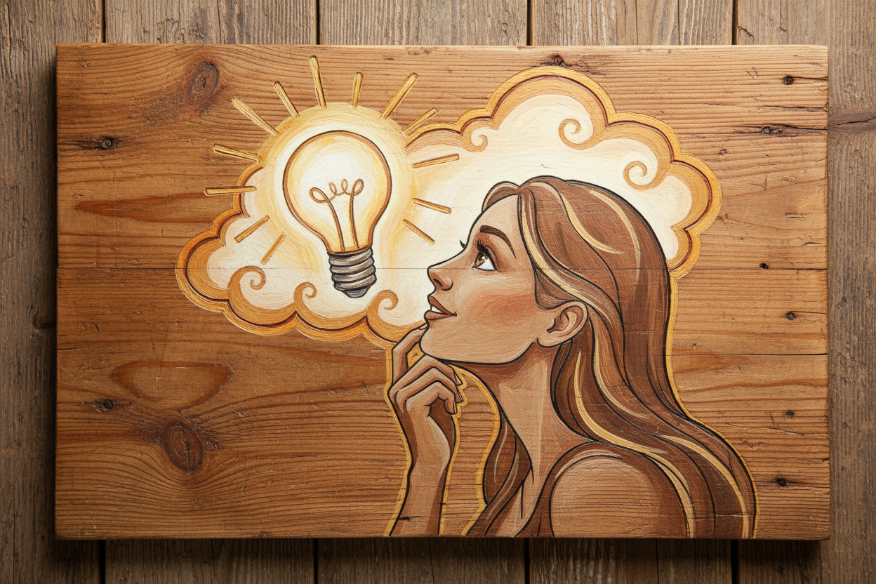 une pancarte en bois avec une personne qui refléchie parce qu'elle a une idee en tete, pas d'écriture juste une image 